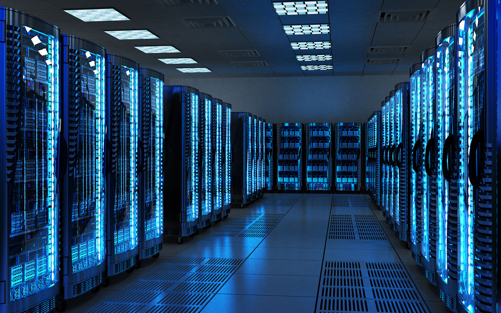 Server racks with telecommunication equipment in server room